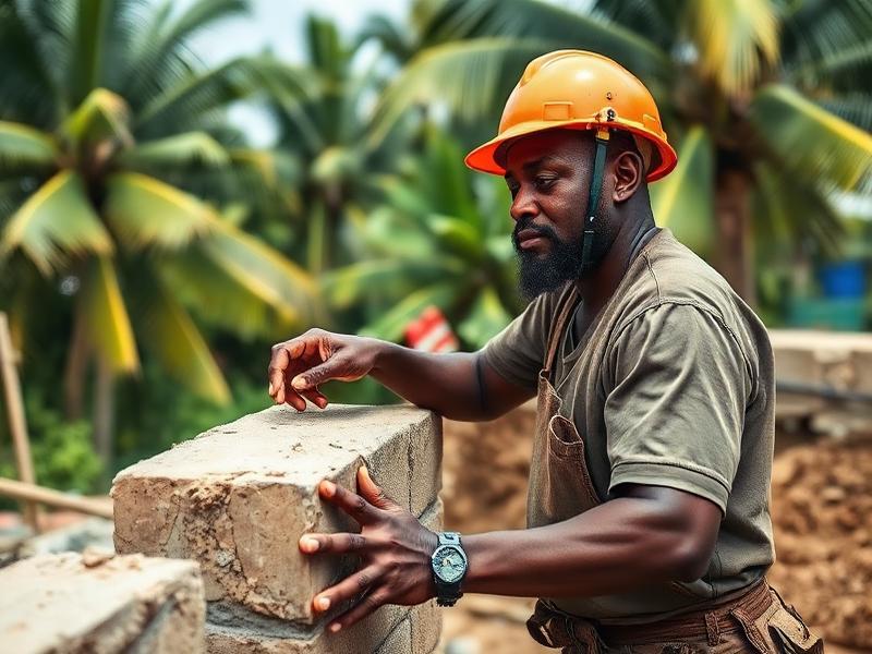 Maçon montant un mur sur un chantier en Guyane