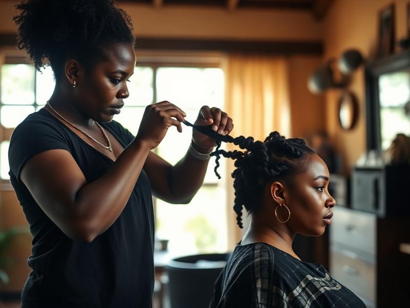 Coiffeuse afro-caribéenne réalisant des tresses sur une cliente