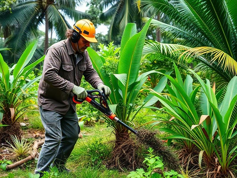 Homme débroussaillant un terrain tropical en Guyane