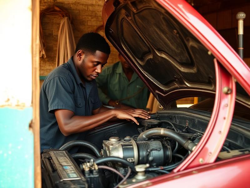 Mécanicien réparant le moteur d'une voiture dans un garage
