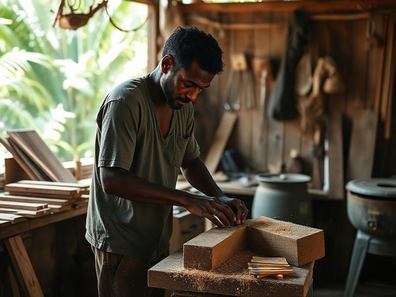 Menuisier travaillant le bois dans son atelier en Guyane